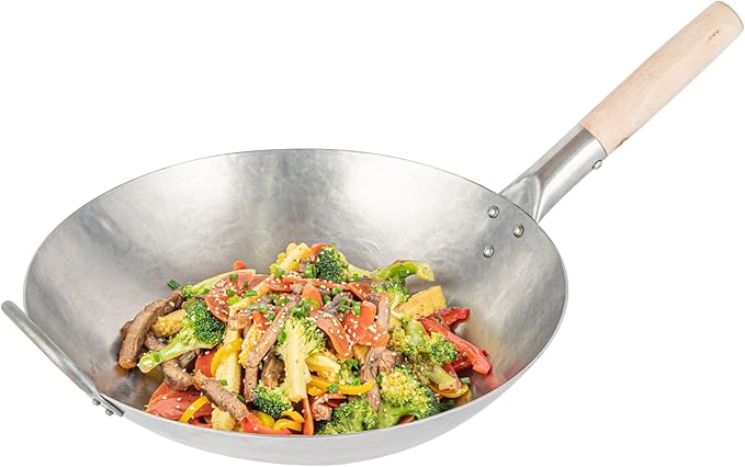 Motomori 14 Inch Hand-Hammered Carbon Steel Woks, 10 Traditional Japanese Woks - Round Bottom, Wooden Handle, Black Carbon Steel Traditional Stir Fry Pans, With Helper Handle - Restaurantware