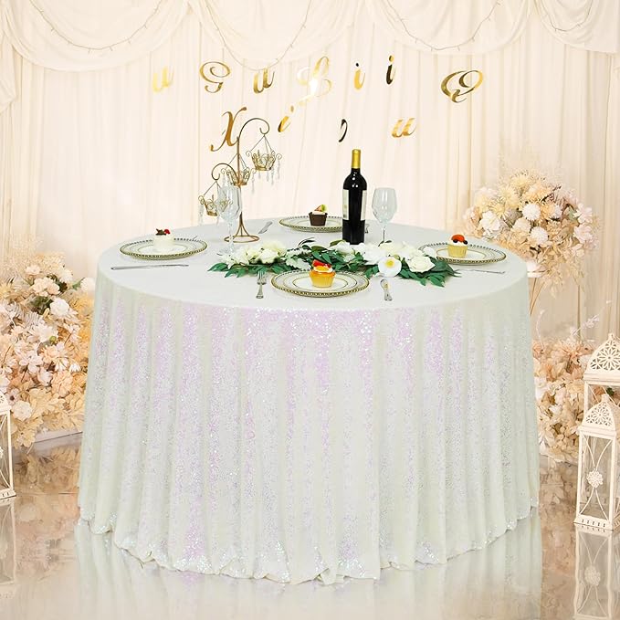 Eternal Beauty White Iridescent Tablecloth, 120 Inch Round Sequin Tablecloth for Party Cake Dessert Table Exhibition Events
