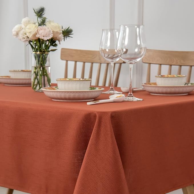 maxmill Rectangle Slubby Textured Tablecloth Waterproof Spillproof Wrinkle Free Fall Table Cloth, Kitchen Dining Room Thanksgiving Decoration, Fabric Table Cover Halloween Party, 52 x 70 Inch, Rust