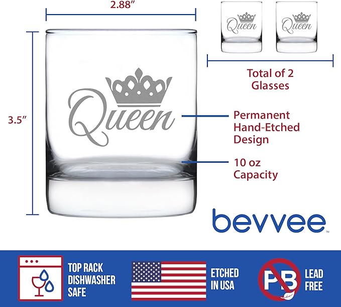 Bevvee Queen - Whiskey Rocks Glass - Fun Gifts for Women Who Love Drinking Whisky & Etched Sayings Decor - Set of 2-10.25 oz