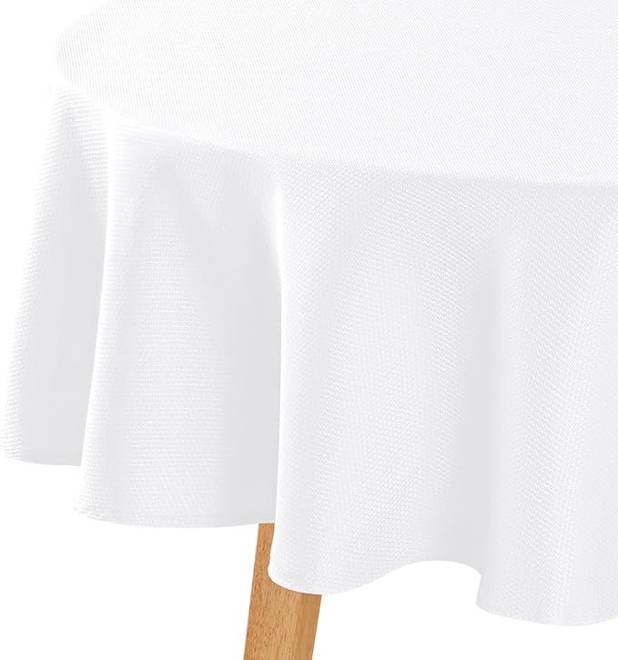 Hiasan Round Textured Tablecloth 60 Inch - Waterproof Spillproof Antiwrinkle Jacquard Table Cloth, Decorative Polyester Table Cover for Kitchen, Outdoor Picnic, Holiday and Parties, White