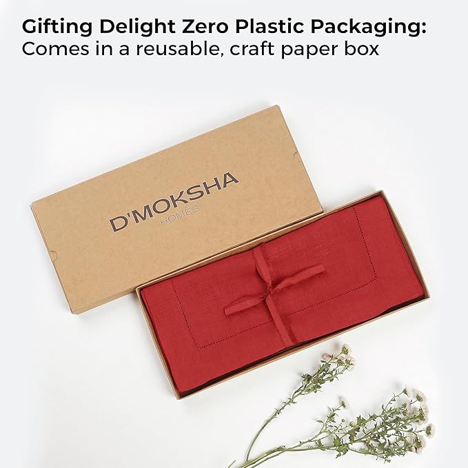 D'Moksha Homes Linen Bright Red Table Runner 120 Inches Long - 100% Pure Linen Hemstitch 14 x 120 Inch Table Runner for Dining, Valentines, Spring, Easter - Classic Hemstitch