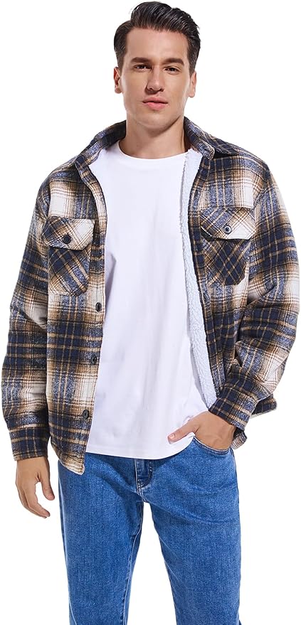 Men's Cotton Sherpa Lined Button Down Flannel Shirt Jacket Plaid Soft Outdoor Flannel Jacket Shirt