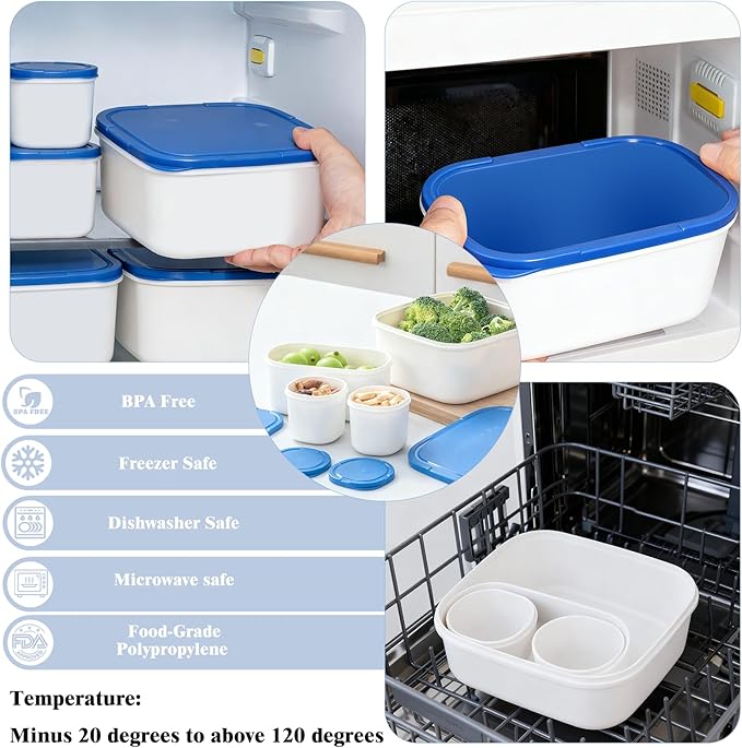 4-Piece Nesting Food Storage Containers with Lids, BPA-Free Stackable Space Saving Kitchen Containers Set for Meal Prep, Organization (150ml+150ml+500ml+1350ml) (Blue Lid & White Body)