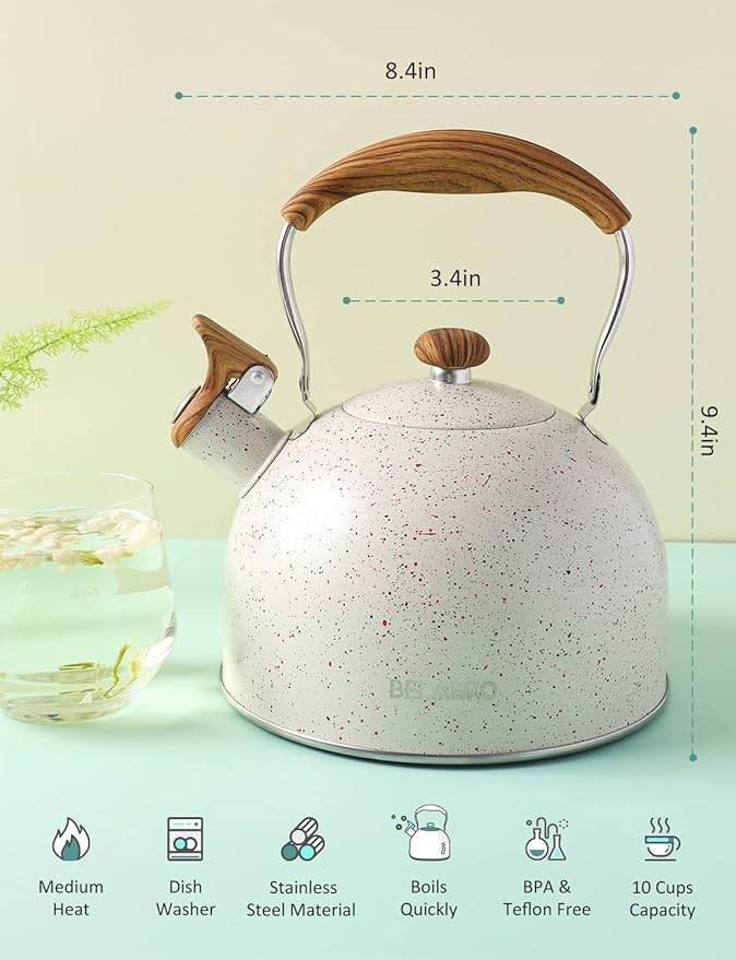 Tea Kettle, BELANKO 85 OZ / 2.5 Liter Whistling Tea Kettle, Tea Pots for Stove Top Food Grade Stainless Steel with Wood Pattern Folding Handle, Loud Whistle Kettle for Tea, Coffee, Milk - Cream White