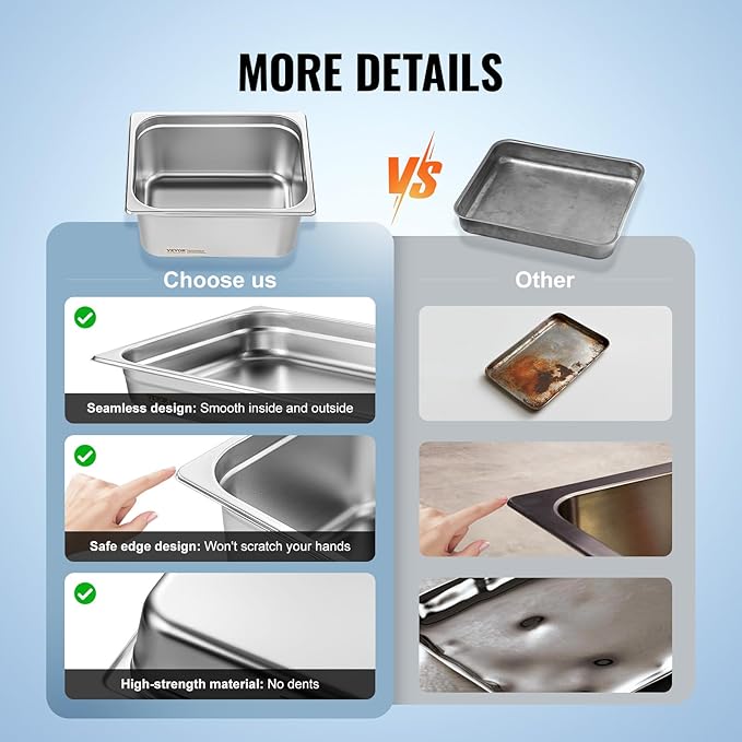 VEVOR 6 Pack Stainless Steel Hotel Pans - 1/2 Size 6-Inch Deep 0.8mm Thick Anti-Jam Commercial Food Pans for Steam Tables, Restaurants, Catering & Industrial Use
