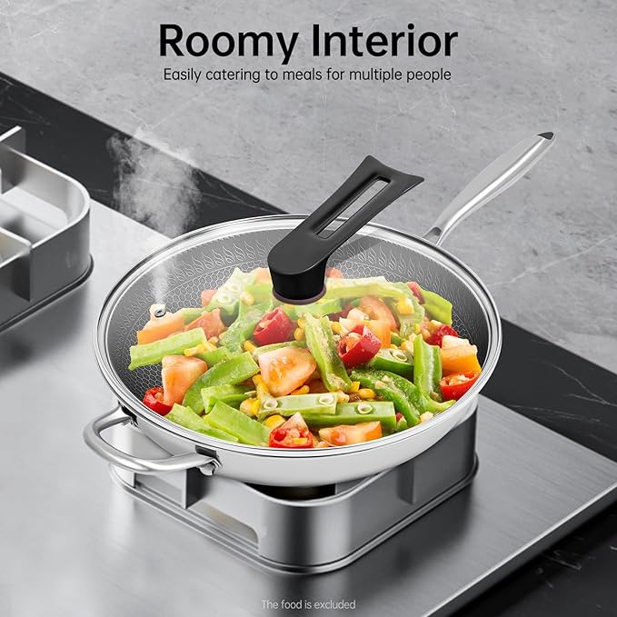 13.4 Inch Skillet Nonstick, 316 Stainless Steel Nonstick Wok Pan with Lid-Honeycomb Stir-Fry Skillet, Stir-Fry Wok with Lid Suitable for Gas Stoves, Induction Cookers and Ceramic Stove