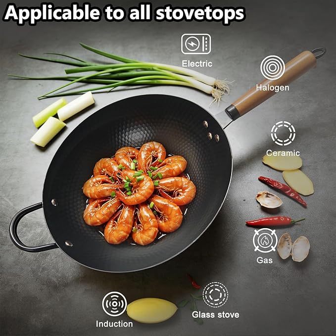 Nonstick Wok,Carbon Steel Wok 12.8-Inch Pan with Glass Lid for Frying,Electric,Induction,Gas Stoves Cooking