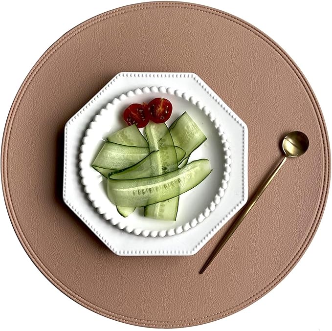 Set of 4/6/10 Black Round PU Leather Placemats Non-Slip Place Mats Coaster Coffee Mats Kitchen Accessories Set De Table(Y Circle Pink Cream,R 38CM 4pcs)