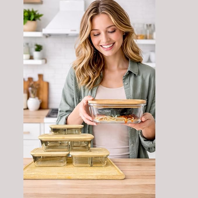 Glass Food Storage Containers with Bamboo Lids, Airtight Containers, Non Toxic Food Storage, Eco Friendly Fridge Storage ContainersIncludes Elastic Bands and Utensils (3)
