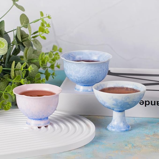 KAMMAK Ceramic Tea & Coffee Cups Set of 2 - Vintage Crystalline Glaze Espresso Mugs, 2.2oz Hand Painted for Afternoon Tea or Coffee, Birthday Gift for Women Men, High-Footed Cup