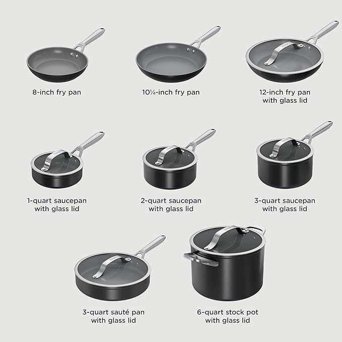 Ninja Ceramic Pro 14-Piece Cookware Set, Non-Stick Pots & Pans Set with Glass Lids, Nontoxic, PTFE Free, Ceramic Coated, Oven Safe, All Stovetops & Induction Compatible, Black, CW39014BK