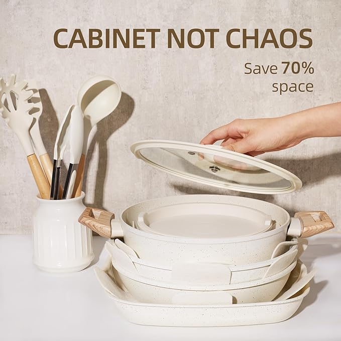 23pcs Ceramic Pots and Pans Set, Nonstick Detachable Handle Cookware, Induction Kitchen Cooking Set with Removable Handle,include Frying Pans & Saucepans Oven Safe, Induction, Stackable Set