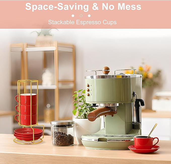 3 Ounce Espresso Cups Set of 4, Stackable Demitasse Mugs, Includes Display Stand, Cups Saucers, and Spoons, for Machines & Home Use, Red, Gold Tone