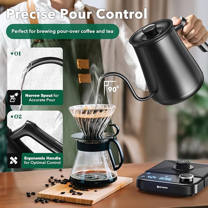 Gooseneck Electric Kettle with ±1℉ Temperature Control, Pour Over Kettle for Coffee & Tea, 1200W Rapid Heating, Stainless Steel Water Boiler with 12H Keep Warm & Built-in Timer, 0.8L/27oz