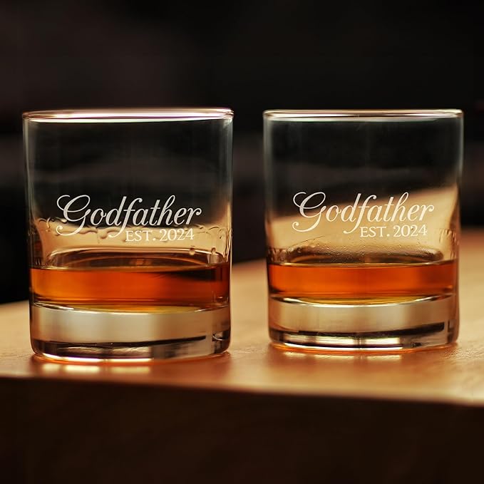 Bevvee Godfather Est 2024 - New Godfather Whiskey Rocks Glass Proposal Gift for First Time Godparents - Set of 2 - Decorative 10.25 Oz Glasses