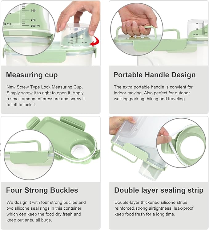 3+6Qt Rice Storage Container, Plastic Dispenser Upgraded Large Nozzle, BPA-free, With Sealed Clasps, Measuring Cup and Handle, Easy to Clean and Carry Elegant Green-2 Pack