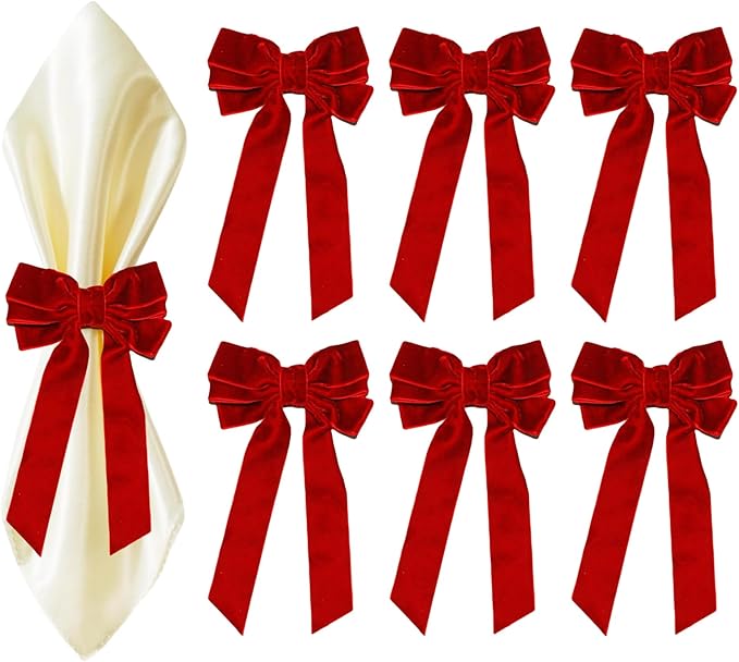 Bow Napkin Rings for Christmas, Wedding, Party, Holiday Table Decor (Red, 12 pcs)