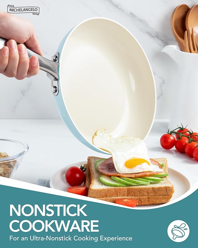 MICHELANGELO Pots and Pans Set Non Stick - Titanium Cookware Set Non Toxic Ceramic Coating, 8-Pcs Nonstick Pots and Pans with Ergonomic Handle, Dishwasher Safe & Induction Compatible, Blue