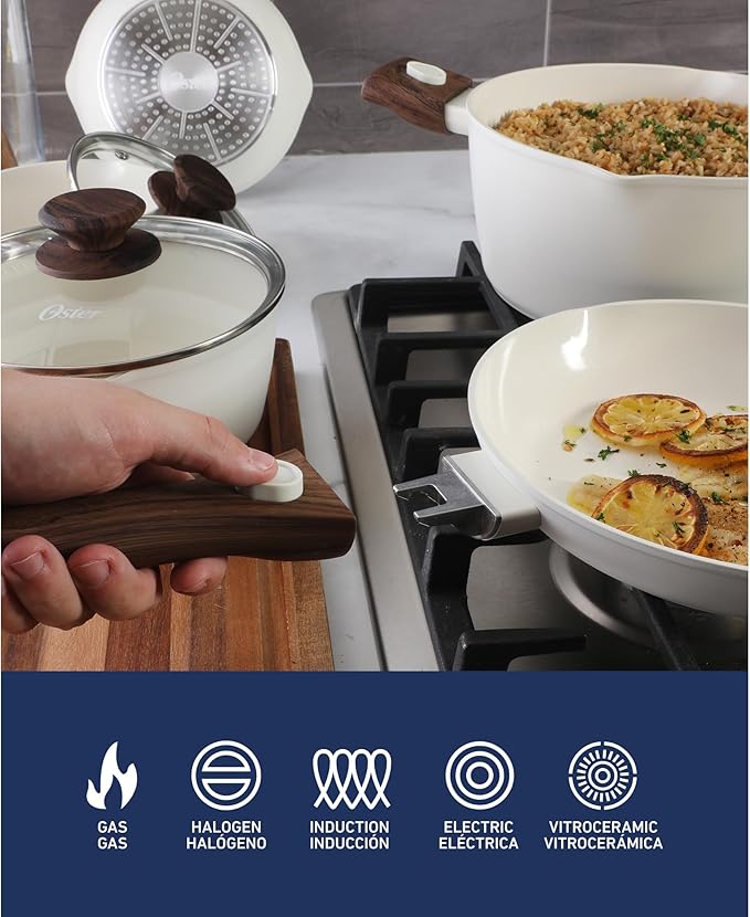 Oster SmartHandle Advance 18-Piece Ceramic Nonstick Cookware Set – Matte Linen Finish, Induction, Detachable Handles, Oven & Dishwasher Safe Pots Pans, w/Utensils & Pan Protectors