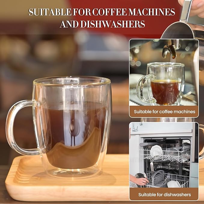 YUNCANG Double Wall Coffee Mugs, (4-Pcak) 16 Ounces-Clear Glass with Handle,lnsulated,Cappuccino,Tea,LatteCups,Beverage Glasses Heat Resistant