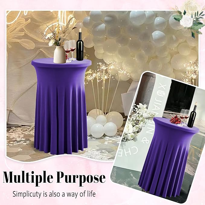 Qubjus 2 Pack Cocktail Tablecloths Stretch Table Skirt - 32x43 inch Bar High Top Stylish and Elegant Cocktail Table Covers for Parties, Weddings, Holidays - Purple