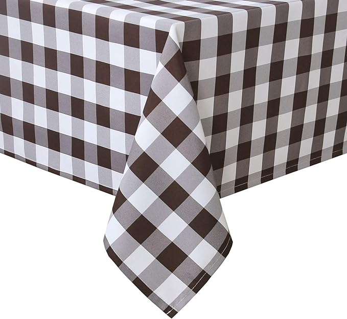 Hiasan Checkered Tablecloth Rectangle - Stain Resistant, Waterproof Polyester Picnic Table Cloth Gingham, 60 x 140 Inch, Coffee and White