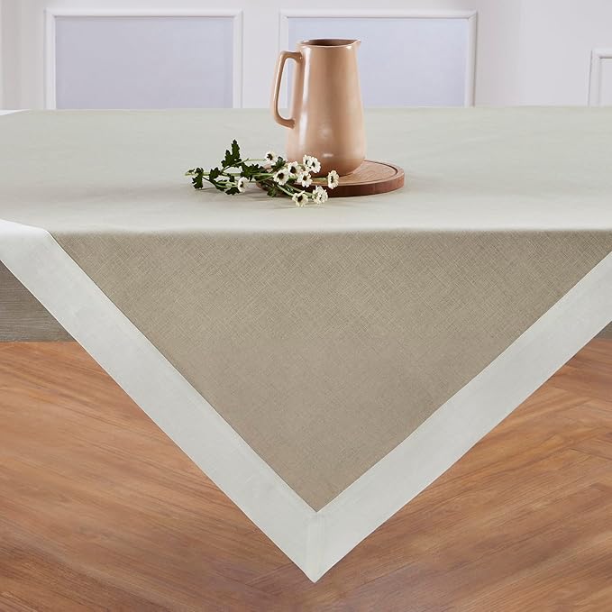 Solino Home Linen Tablecloth 52 x 52 Inch - 100% Pure Linen White and Natural Square Tablecloth - Contempo, Machine Washable Table Throw for Spring, Winter