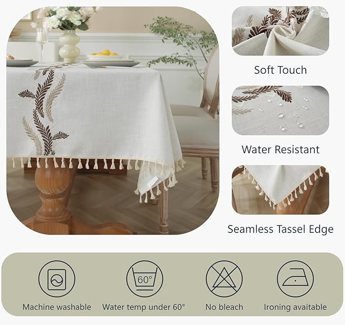 Alsoo Table Cloth Rectangle Table, Cotton Linen Tablecloth Waterproof, Boho Rustic Tables Cover with Tassel for Christmas Party Kitchen Dining Holiday Decorations (Beige, 106''x55'', 8-10 Seats)