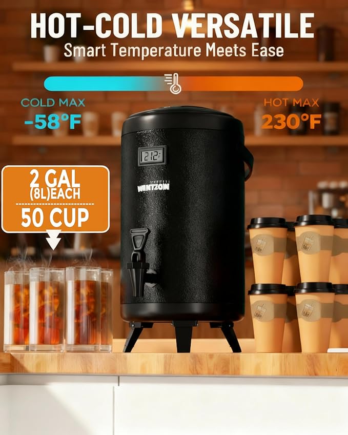 Thermal Beverage Dispenser - 8L/2.1Gal Black Stainless Steel, Single, LCD Thermometer, Triple-Layer Insulated, Non-Electric Hot & Cold Drink Dispenser for Coffee, Tea
