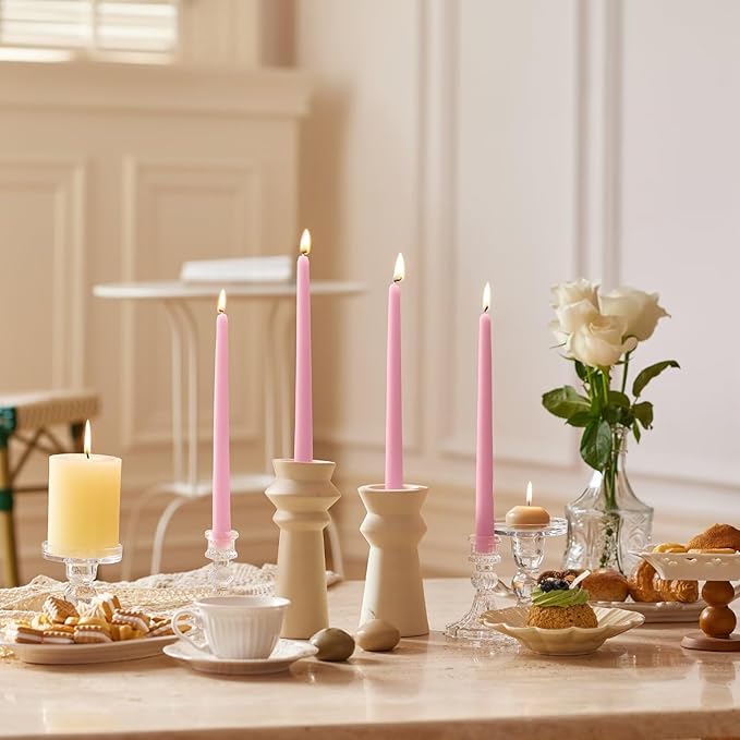 12-Inch Tall Dripless Taper Candles Set of 4 - Pink Tapered Candles, Perfect for Spring - Smokeless, Unscented, Long Burning - Hand Poured, Colored Tall Candlesticks - Light Pink