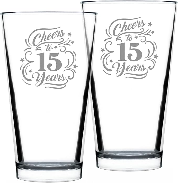 Bevvee Cheers to 15 Years - Pint Glass for Beer - Gifts for Women & Men - 15th Anniversary Party Decor - Set of 2-16 Oz Glasses
