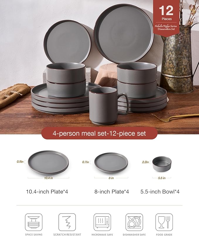 Famiware Nebula Ridge Stoneware Dinnerware Sets, Plates and Bowls Sets for 4, 12 Pieces Dishes Set, Microwave and Dishwasher Safe Kitchen Plates, Dark Gray