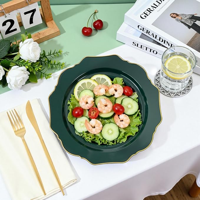 WDF 175Pcs Green Plastic Plates - Green Plates Disposable with Gold Rim - Christmas Plastic Plate - Fancy Disposable Dinnerware Sets 25 Guests Ideal for Party/Wedding/Birthday/St.Patrick's Day