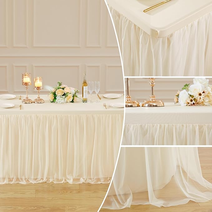 4 Pack 6ft Champagne Tulle Tablecloths for Rectangle Tables, 72 x 30 Inch Rectangular Table Cloth, Wrinkle Free Table Cover with Tutu Skirt for Wedding Birthday Party Banquet Buffet Decorations