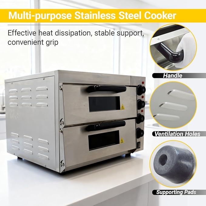 16 inches Commercial Double-Deck Oven 3KW Electric Stainless Steel Pizza Baking Oven 50℃-350℃(122℉-572℉) Independent Temperature Control 220V