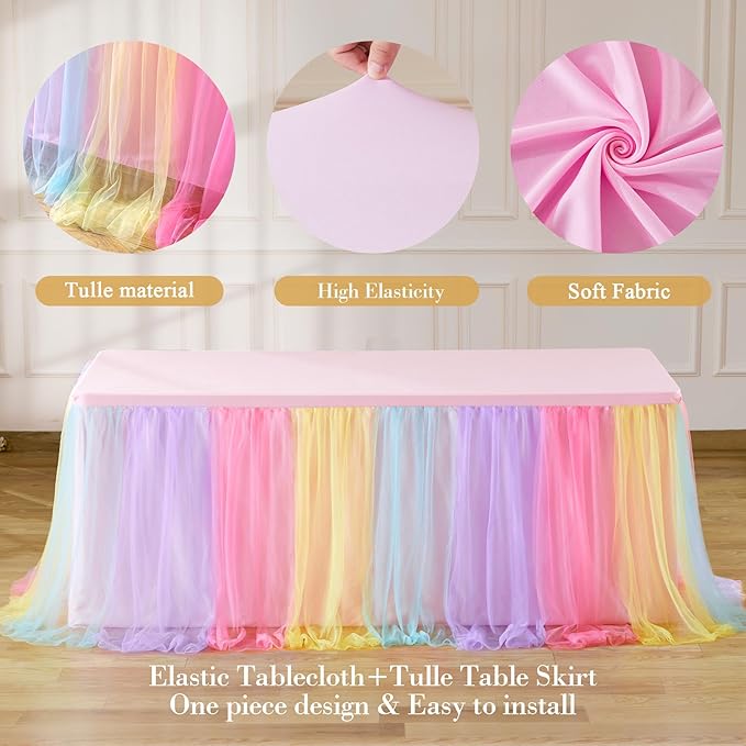 6 Pack 8ft Rainbow Tulle Tablecloths for Rectangle Tables, 8 Foot Rainbow Rectangular Table Cloth Wrinkle Free Tablecover with Tutu Skirt for Baby Shower Girls Birthday Party Banquet Buffet Cake