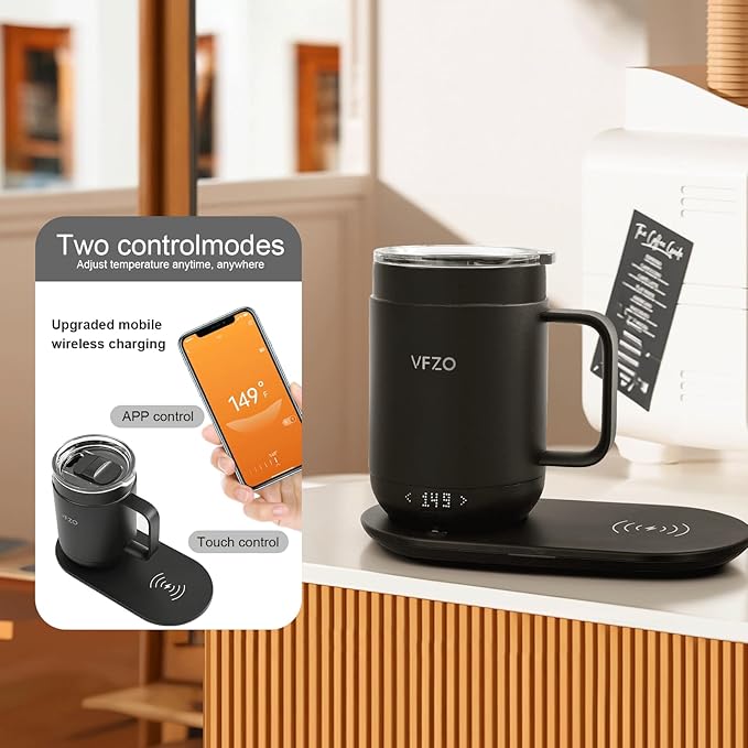 16Oz Temperature Control Smart Mug, Self Heating Coffee Mug LED Display, 180 Min Battery Life - Hot up to 149℉ Fast Wireless Charger Base Improved Design(16oz, Coffee)