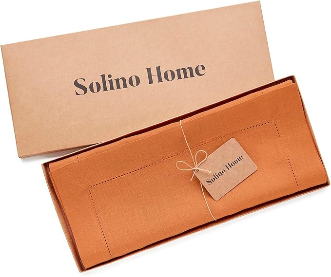 Solino Home Linen Hemstitch Table Runner 108 Inches Long - 100% Pure Linen Pumpkin Table Runner 14 x 108 Inch - Classic Hemstitch