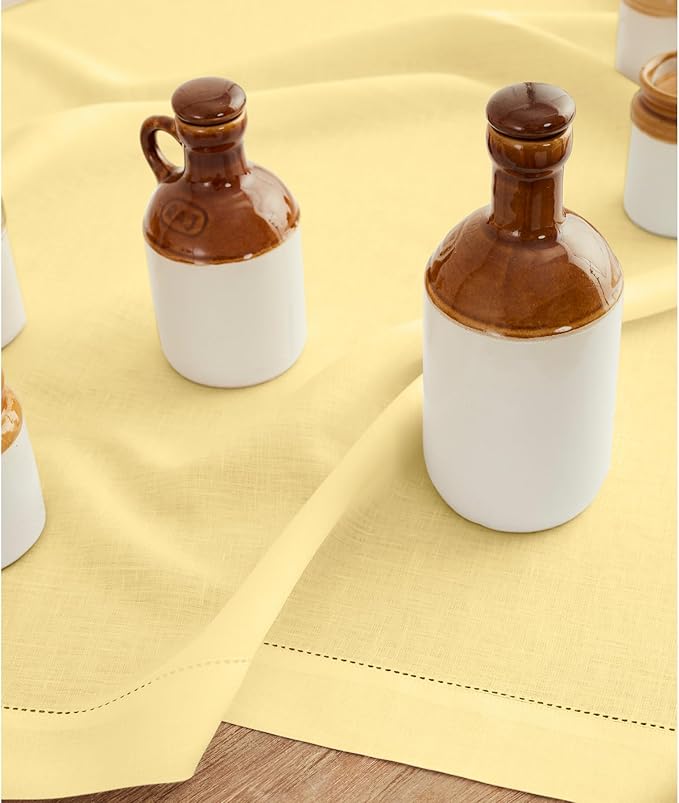 Solino Home Linen Yellow Tablecloth 60 x 132 Inch - Classic Hemstitch, 100% Pure Linen Rectangular Tablecloth - Machine Washable Table Cloth for Valentines, Spring, Easter