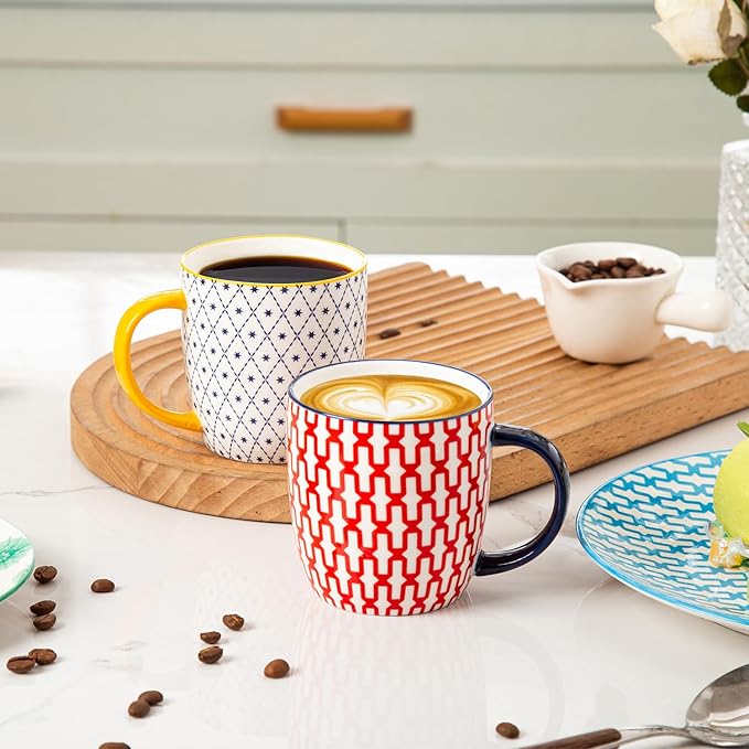Ceramic Coffee Mugs Set - 10 Oz Large Porcelain Tea Cups with Handle for Cappuccino Latte Cocoa Milk Tea - Christmas Housewarming Gift - Microwave Dishwasher Safe - Set of 6 - Assorted Colors