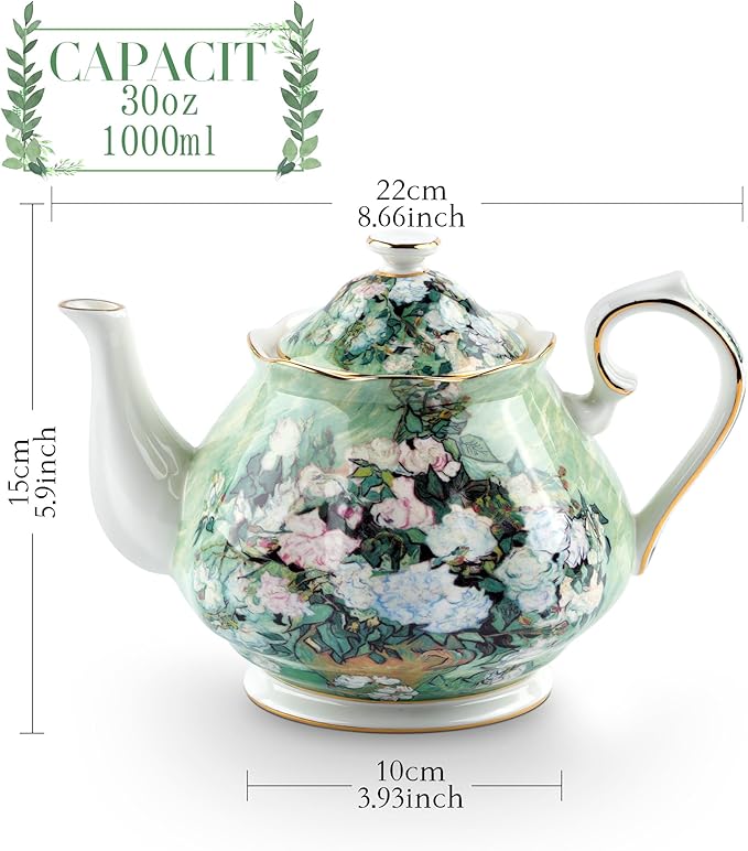 Teapot 30 oz Vangogh Paintings Bone China Loose Tea Pot Floral Design Vintage Ceramic Coffee Water Pot European Style Porcelain (White Rose)