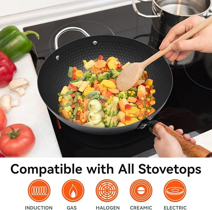 WANGYUANJI 12.6" Wok with Lid, Flat Bottom Nonstick Iron Wok Pan for Induction, Gas and Electric Stoves, Deep Stir-Fry Pan for Everyday Cooking