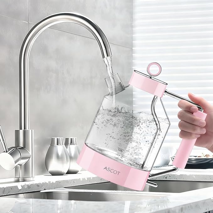 Electric Kettle, ASCOT Glass Electric Tea Kettle 1.5L 1500W Retro Tea Heater & Hot Water Boiler, No Plastic, BPA-Free, Cordless, with Auto Shut-Off and Boil-Dry Protection (Pink)