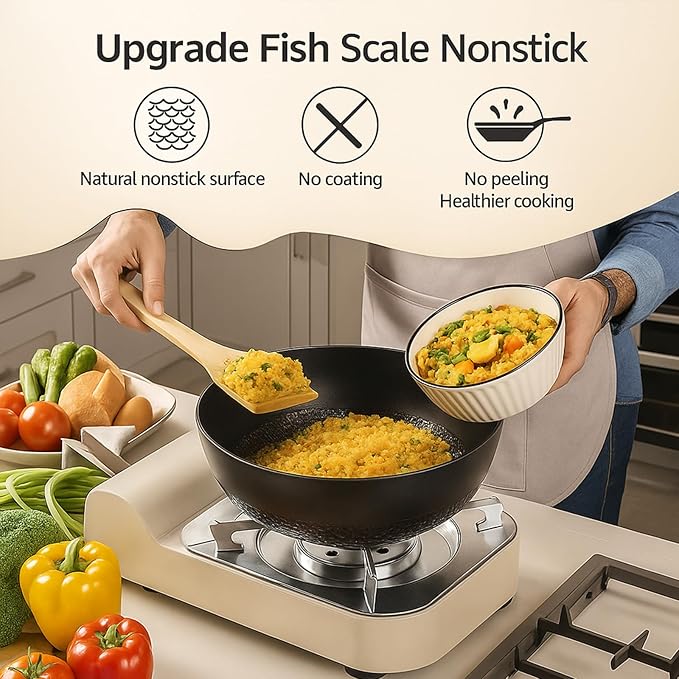 Carbon Steel Wok Pan, Fish Scale Pattern Flat Bottom Stir Fry Pan (Seasonable Nonstick, Induction & Gas Compatible) – High-Wall Handmade Pan, Sizes 20/22/24/28cm, Optional Glass Lid (26cm)