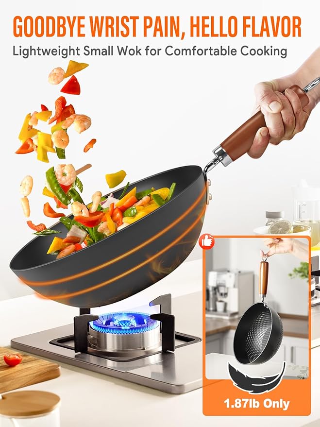 10.5-Inch Carbon Steel Wok, Stay-Cool Wooden Handle Stir-Fry Pan for 2–3 Servings, Non Toxic, Oven-Safe, Authentic Chinese Cooking For All Stovetops, 2-Piece Set