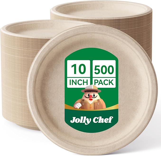 JOLLY CHEF Compostable Heavy Duty Plates 𝟭𝟬 𝗜𝗻𝗰𝗵 [𝟱𝟬𝟬 𝗣𝗮𝗰𝗸] Eco-Friendly Disposable Paper Plates Natural Bagasse Biodegradable Sugarcane Bulk for Party Hot Cold Dinner Christmas (Brown)