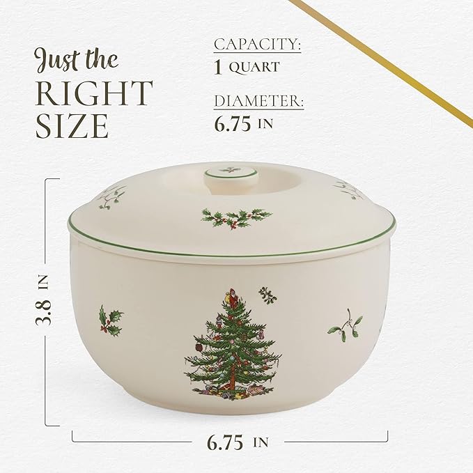 Spode Christmas Tree 1 Quart Round Casserole Dish with Lid - Stoneware Baking Dish for Holiday Desserts - Oven to Table Bakeware & Dishwasher Safe - Festive Holiday Serveware for Christmas Table