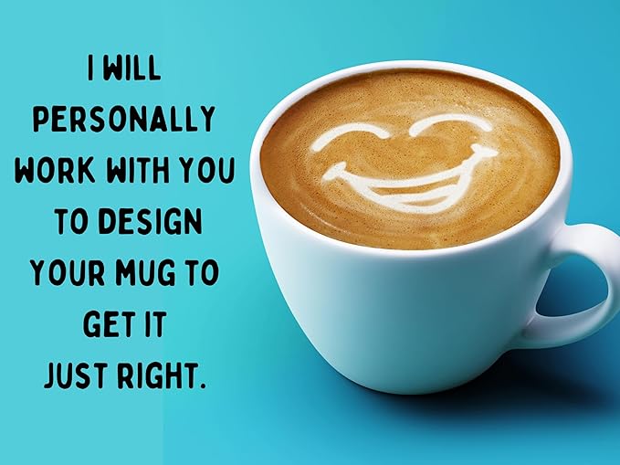 Personalized Coffee Mug, Custom Text, Photo or Company Logo Ceramic Mug, Customized 11oz Coffee or Tea Mug, Personalized Gift with Picture and or Text (White with Blue Handle and Inside)