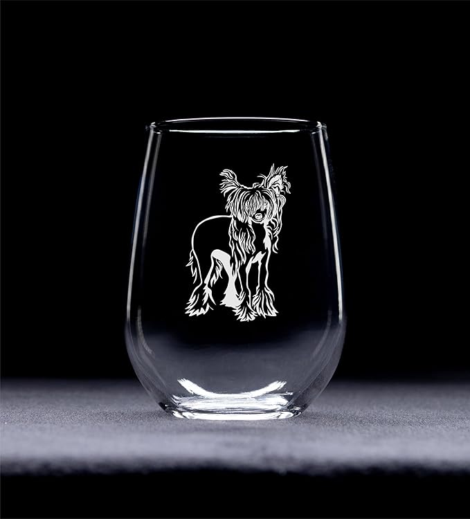 C M Chinese Crested Themed, Dog Stemless Wine Glass - Dog Lover Gift for Men and Women - 17 oz. (Style C1)